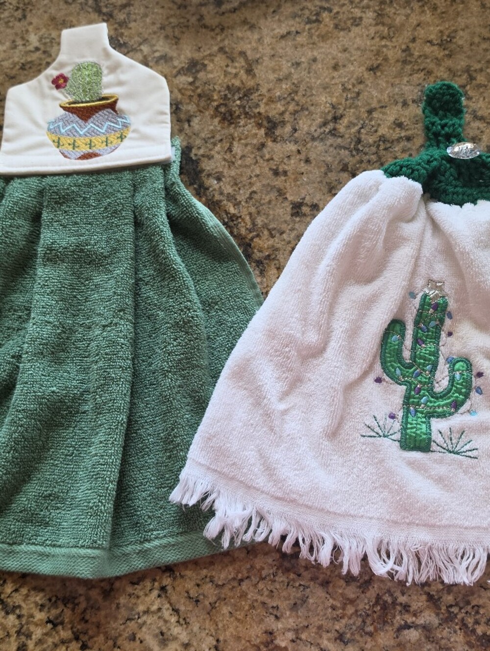 Green and White Kitchen Hanging Hand Towels with Cactus Embroidery